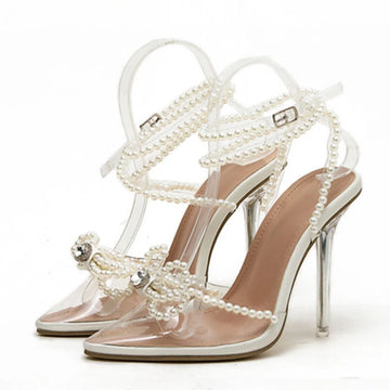 Xajzpa Sexy White String Bead Women Transparent High Heels Summer Fashion Butterfly-Knot Clear Sandals Pointed Toe Shoes Pumps